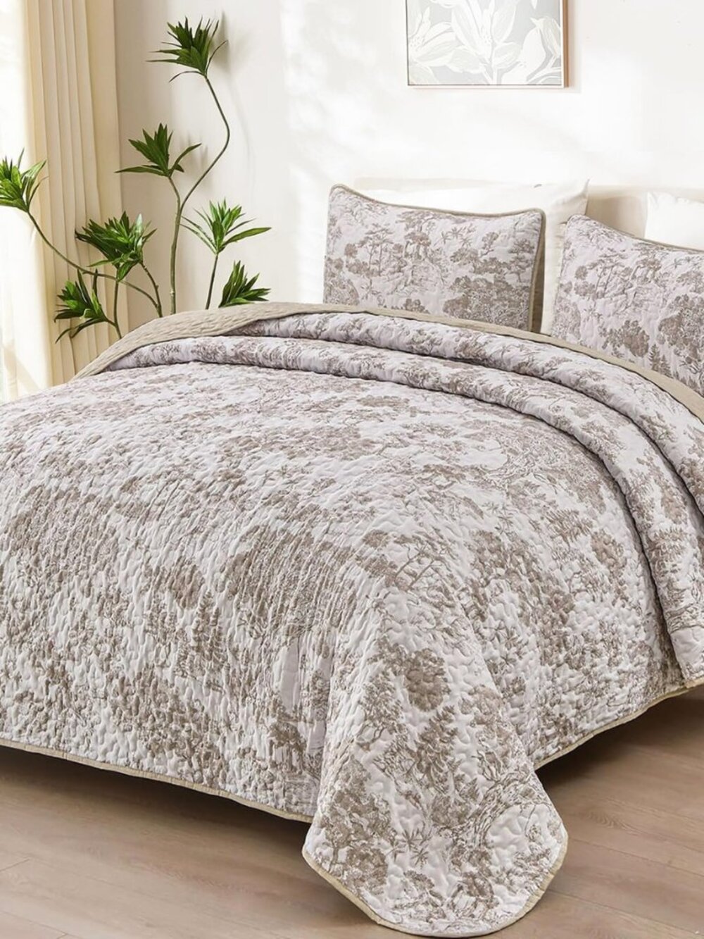 King Size Quilt Set, Brown Botanical Bedding Set